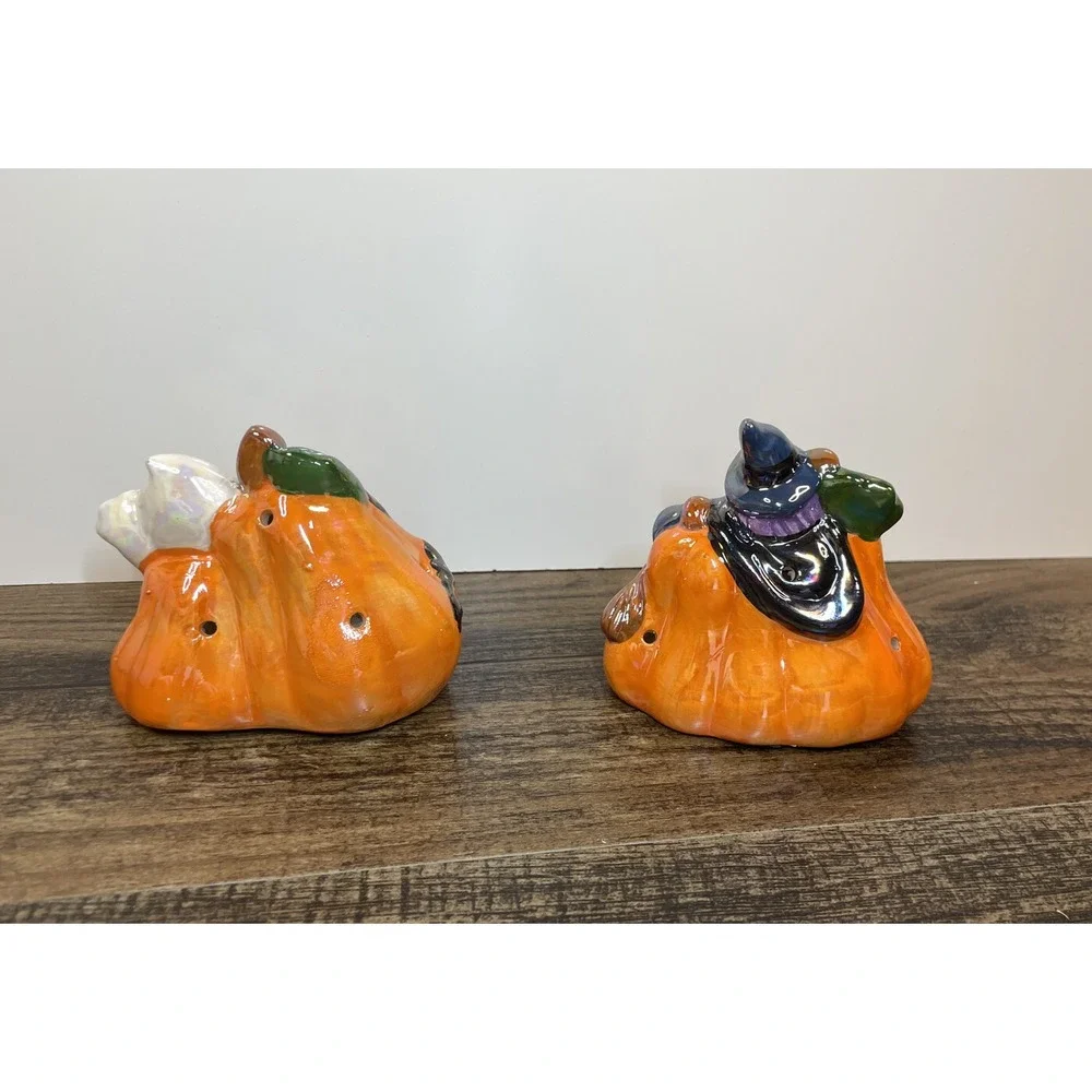 Lot of 2 Ceramic Color Changing Light Up Flickering Halloween Figurines Witch